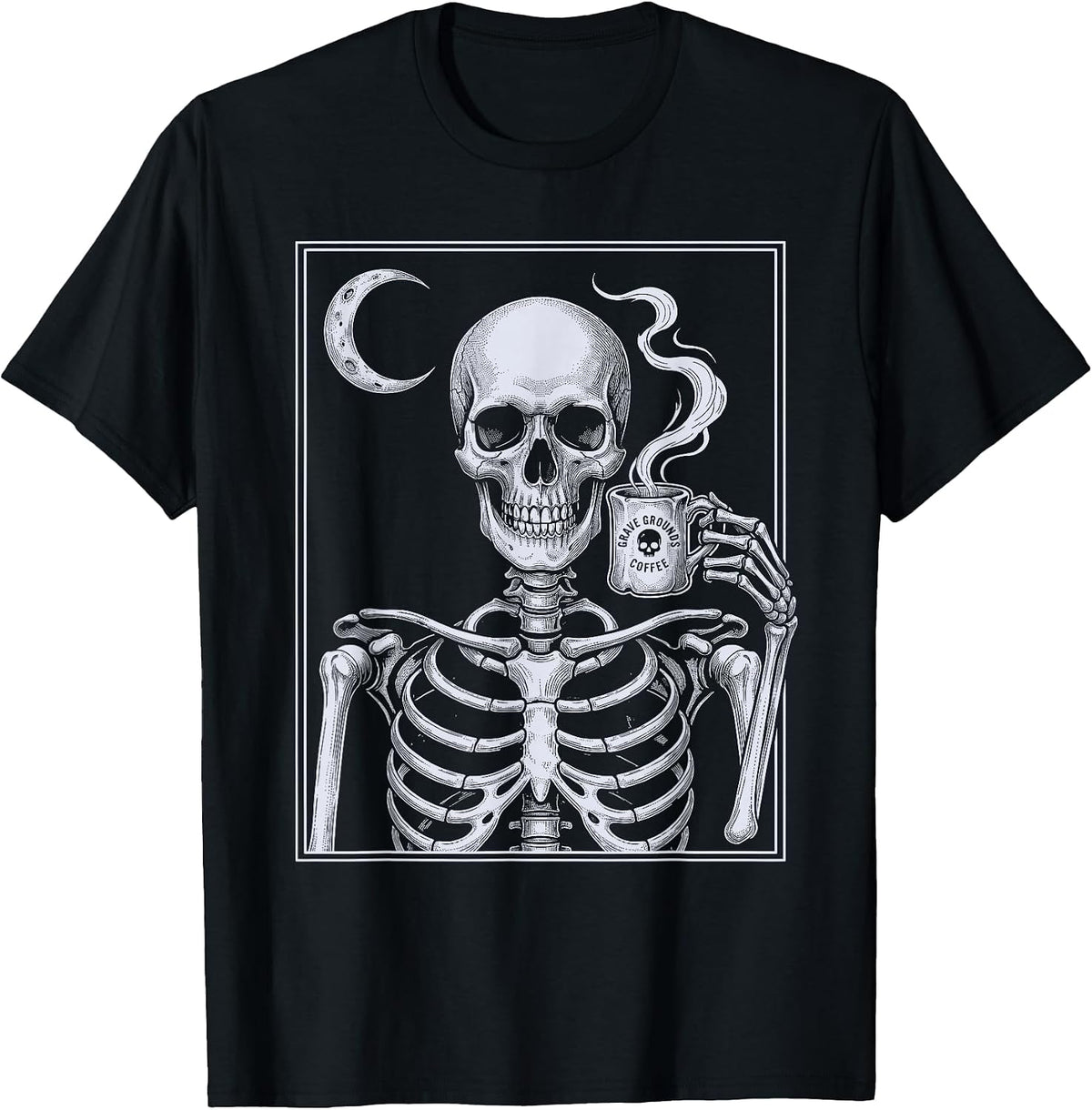 Skeleton Drinking Coffee Funny Fall Halloween Goth Skull T-Shirt