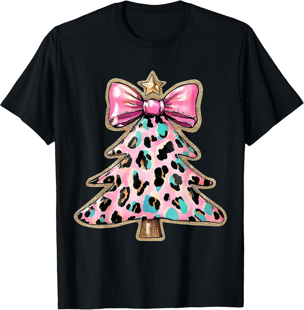 Cute Coquette Bow Christmas Tree Girls Womens Xmas Aesthetic T-Shirt