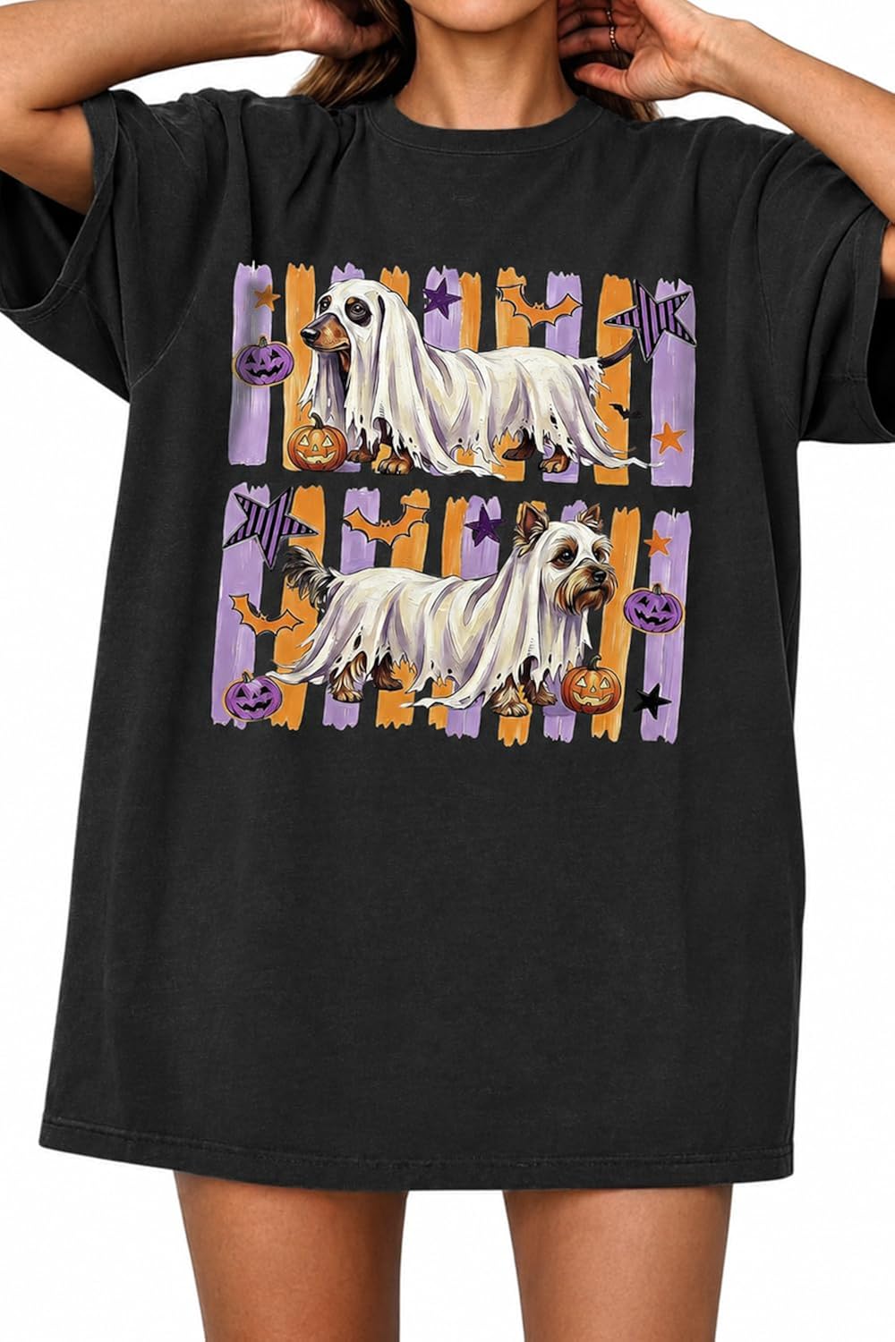 Halloween Shirts for Women Skeleton Pumpkin Rib Cage Washed Graphic Tee