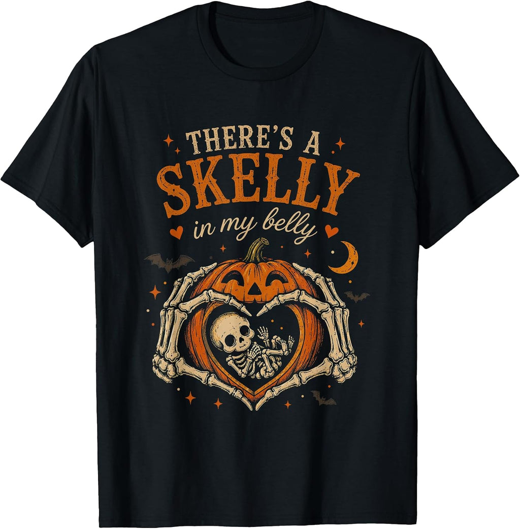 Vintage Funny Skeleton There's Skelly in My Belly Pregnant T-Shirt