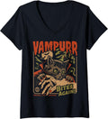 Womens Vampurr Bites Again! Funny Cat Halloween Vintage Graphic V-Neck T-Shirt
