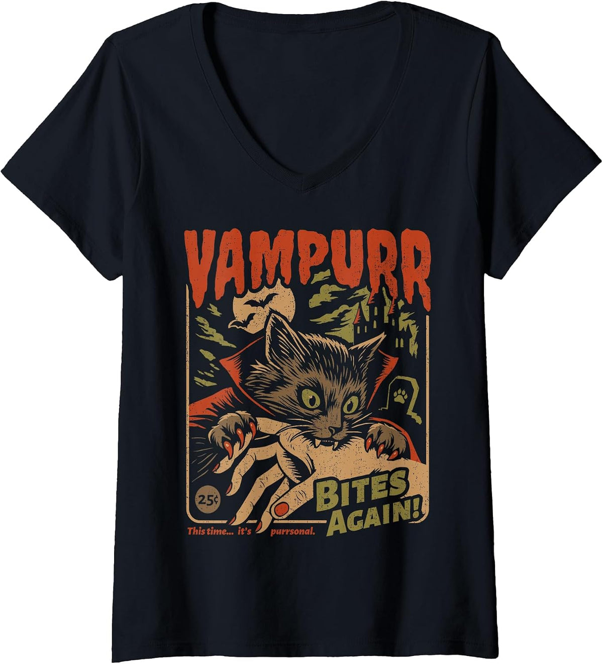 Womens Vampurr Bites Again! Funny Cat Halloween Vintage Graphic V-Neck T-Shirt