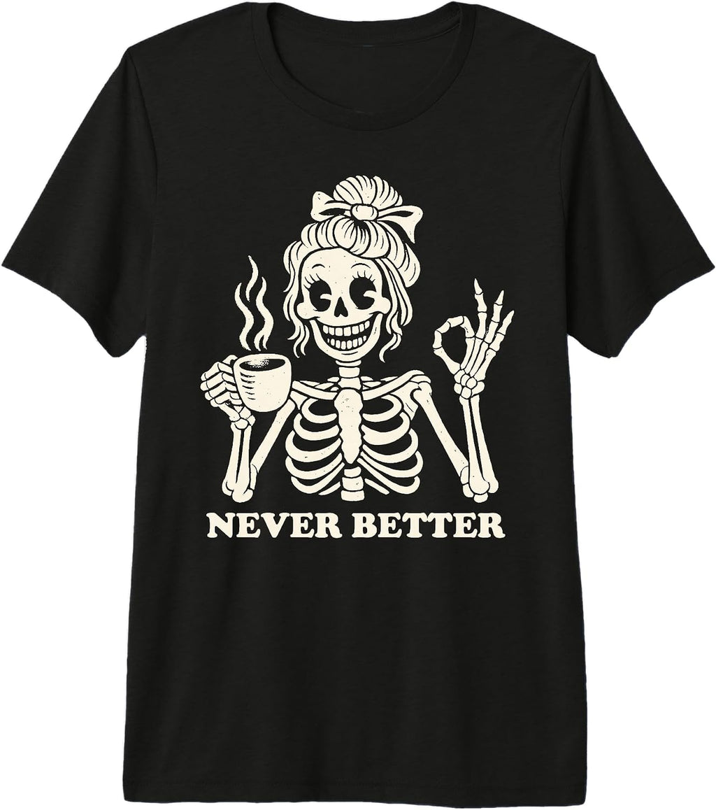 Messy Bun Skeleton Drinking Coffee Woman Humor Premium Tri-Blend T-Shirt
