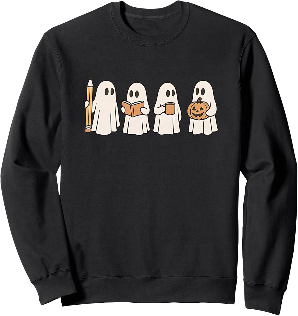 Halloween Teacher Cute Ghosts With Pencil Book Coffee Sweatshirt