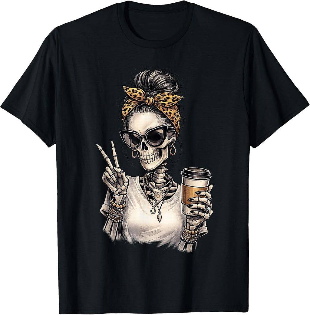 Skeleton Girl Drinking Coffee Peace Sign Graphic T-Shirt