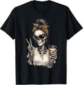 Skeleton Girl Drinking Coffee Peace Sign Graphic T-Shirt