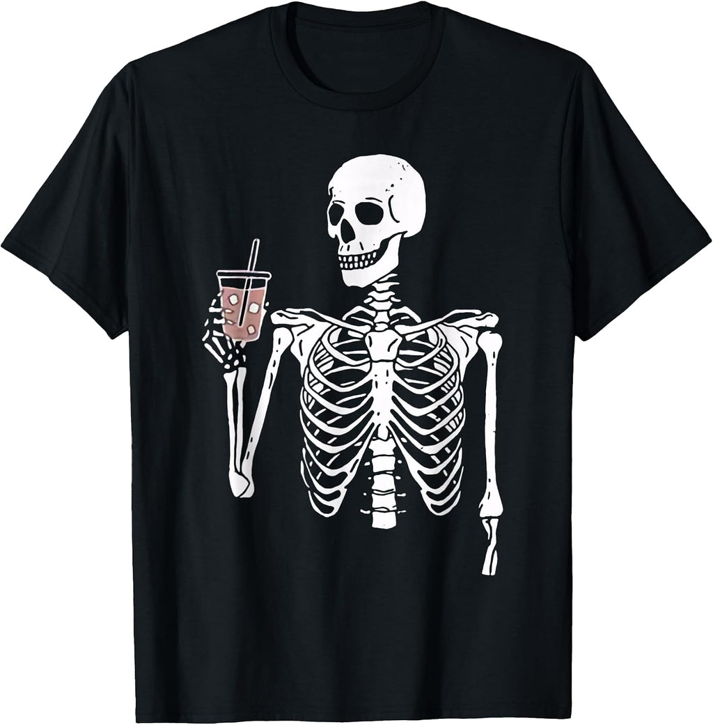 Iced Coffee Skeleton Drinking Funny Halloween Skull T-Shirt