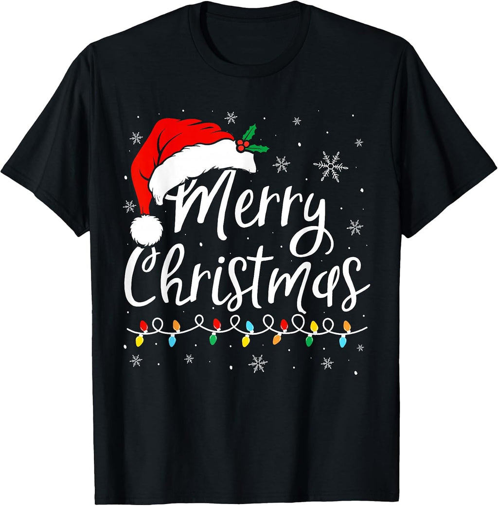 Merry Christmas Lights Santa Hat Xmas Family Matching Pajama T-Shirt