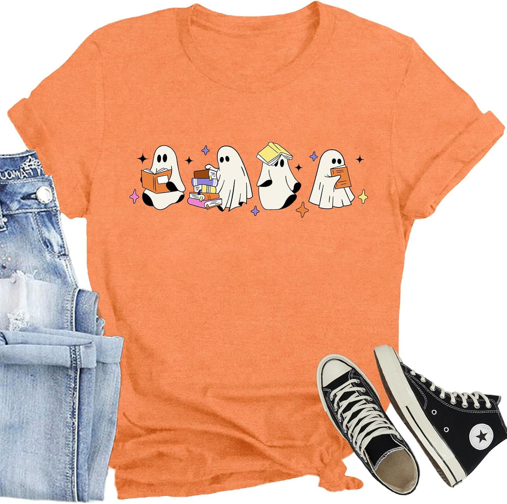 Halloween Shirts Women Cute Reading Ghost T-Shirts Funny Spooky Book Lover Tee Teacher Bookworm Top