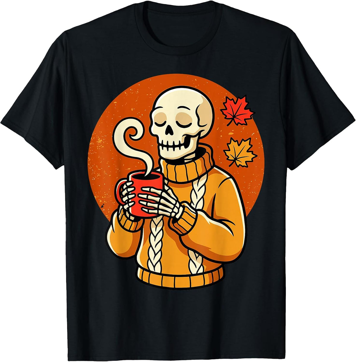 Skeleton Drinking Coffee Fall Funny Skull Autumn T-Shirt