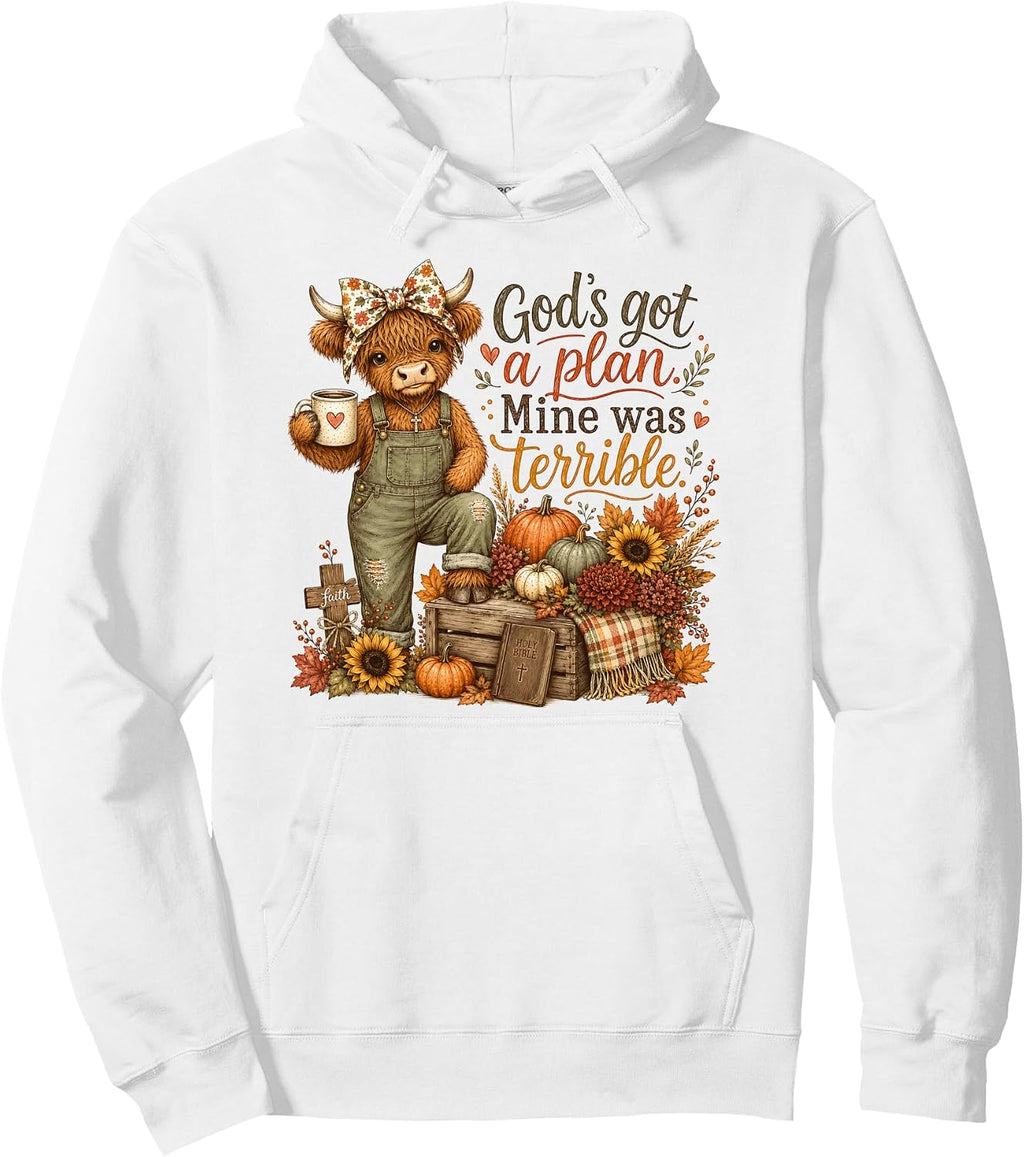 God's Got A Plan Mine Was Terrible Highland Cow Fall Women Pullover Hoodie