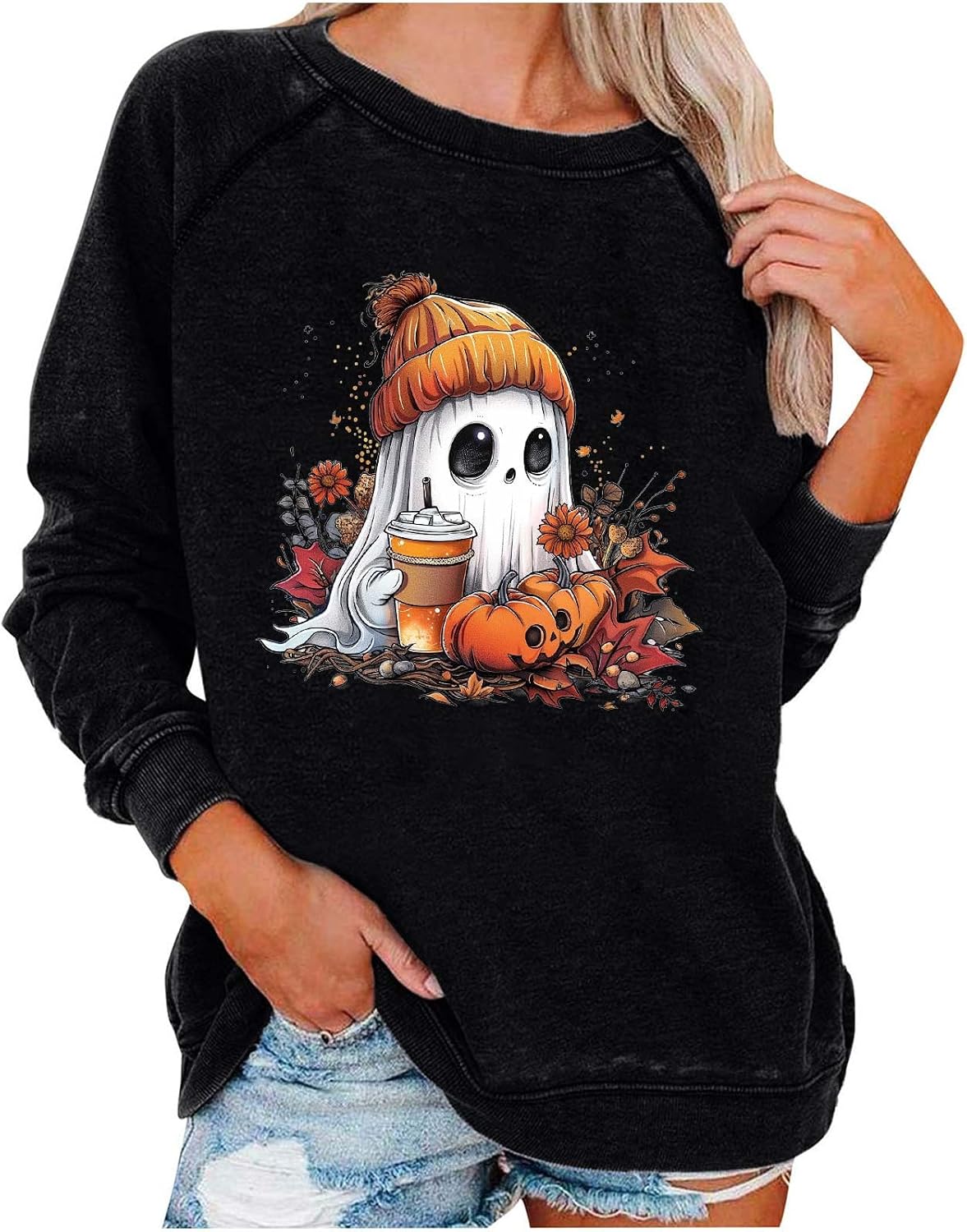 Women's Spooky Season Sweatshirts Ghost Coffee Graphic Top