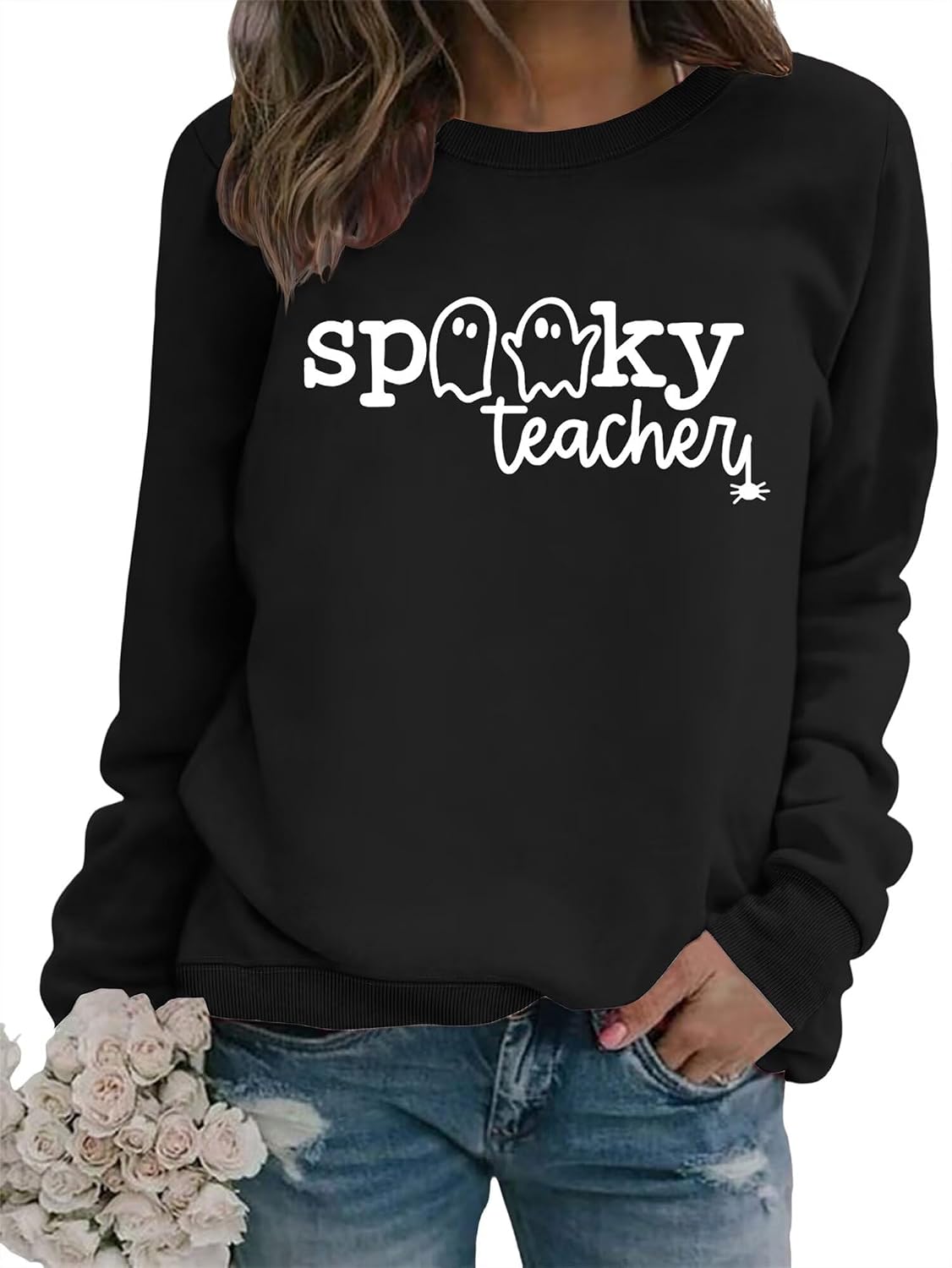 Halloween Teacher Sweatshirt Women Spooky Teacher Graphic Long Sleeve Shirts Halloween Spooky Season Pullover Tops
