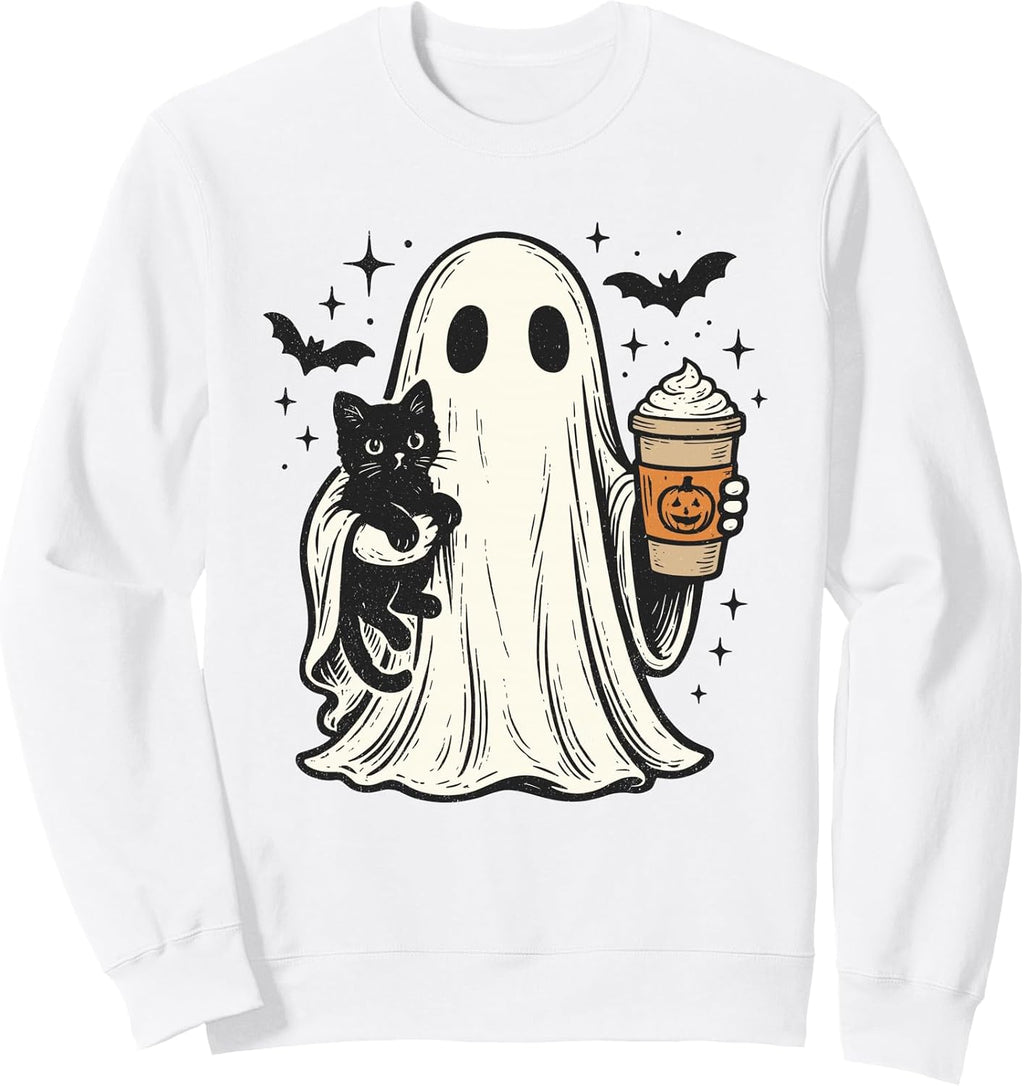 Retro Black Cat Pumpkin Spice Ghost Halloween Spooky Season Sweatshirt
