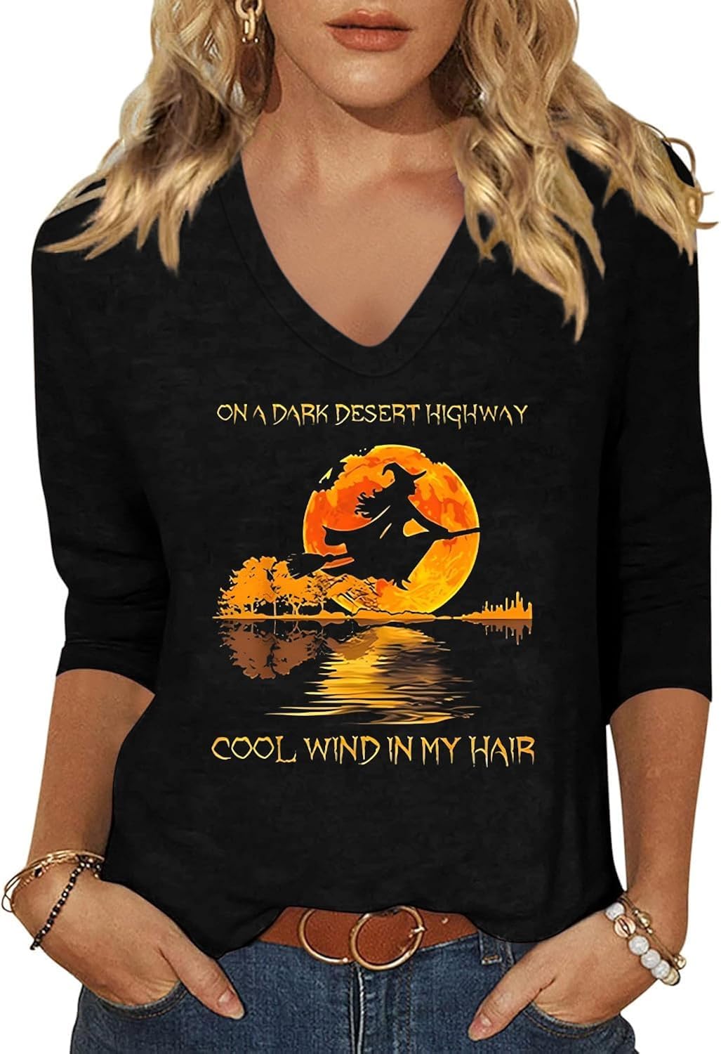 Halloween Shirts for Women: 3/4 V Neck Halloween Ghost Reading Book Shirt