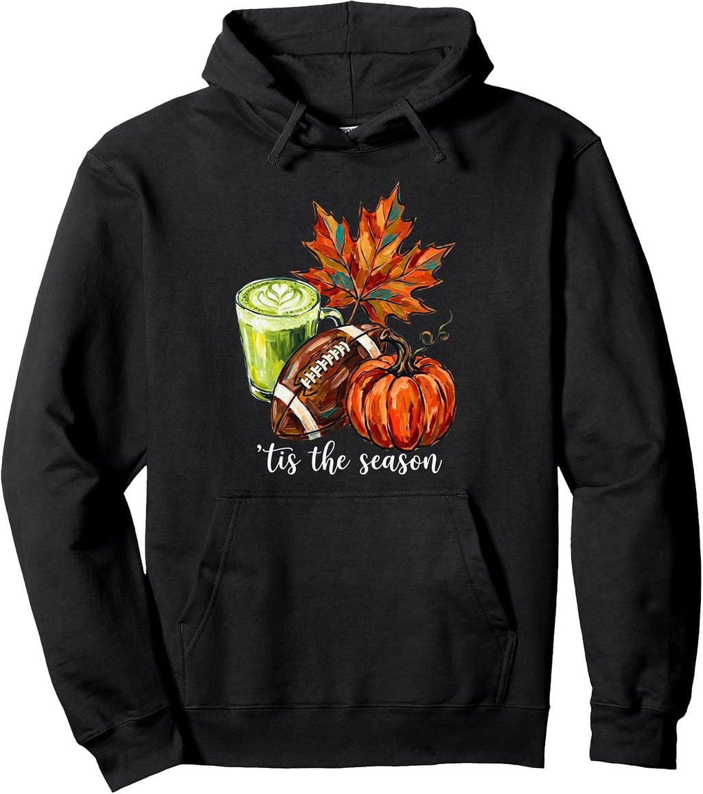 Tis The Season Fall Pumpkin Football Matcha Latte Autumn Art Pullover Hoodie