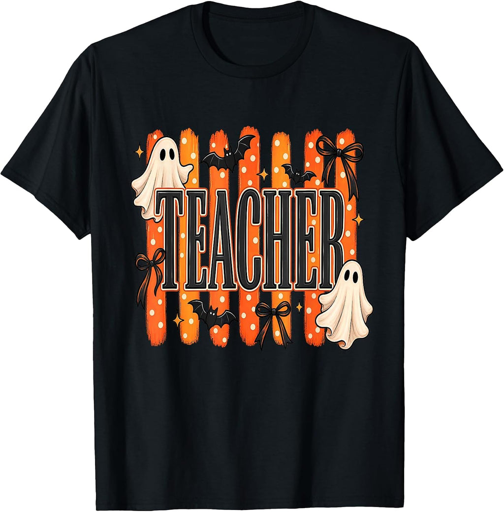 Halloween Teacher Ghosts Bats Boo Spooky Teacher Stripes T-Shirt