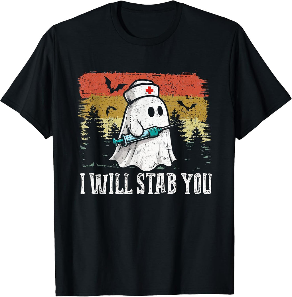 Retro I Will Stab You Ghost Nurse Funny Halloween RN Nursing T-Shirt