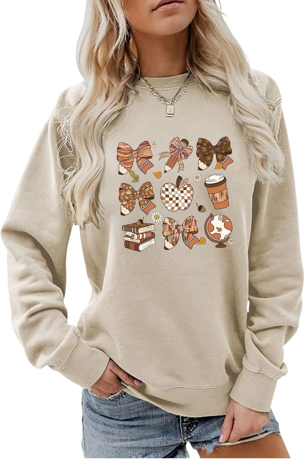 Teacher Sweatshirt for Women Coffee Fall Bow-Knot Graphic Long Sleeve Shirt
