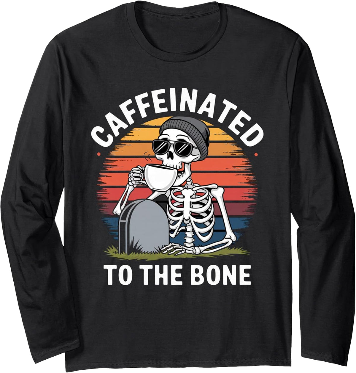 Caffeinated to The Bone Skeleton Coffee T-Shirt Funny Retro Long Sleeve T-Shirt