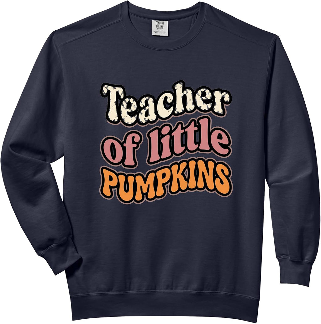 Teacher of Little Pumpkins Groovy Retro Fall Comfort Colors Adult Sweatshirt