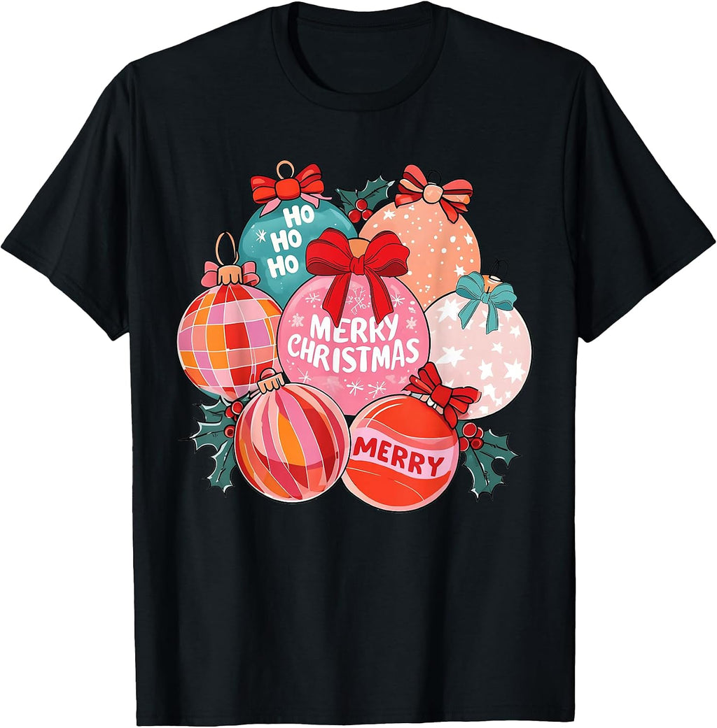 Merry Christmas Ornaments Coquette Bow Xmas Holiday Girls T-Shirt