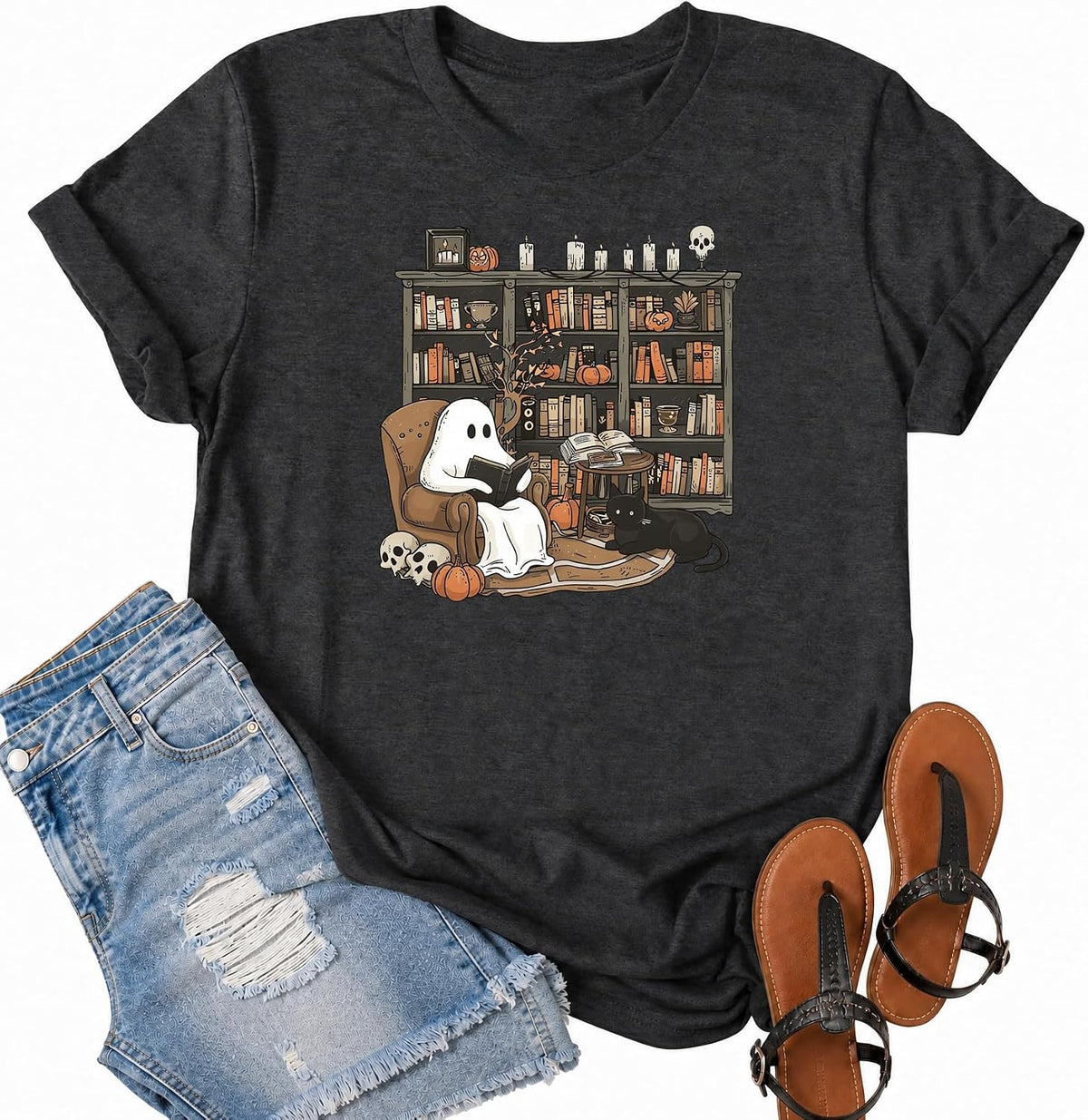 Teacher Halloween Shirt Women Fall Teacher Tshirt Ghost Read Book Tee Tops