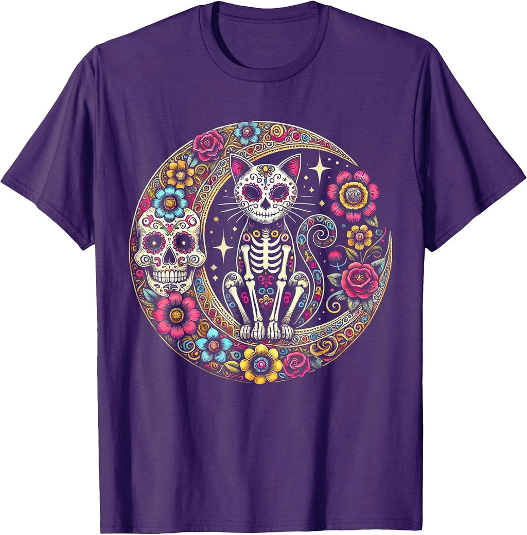 Cat Moon Dia De Los Muertos Day of The Dead Sugar Skull T-Shirt