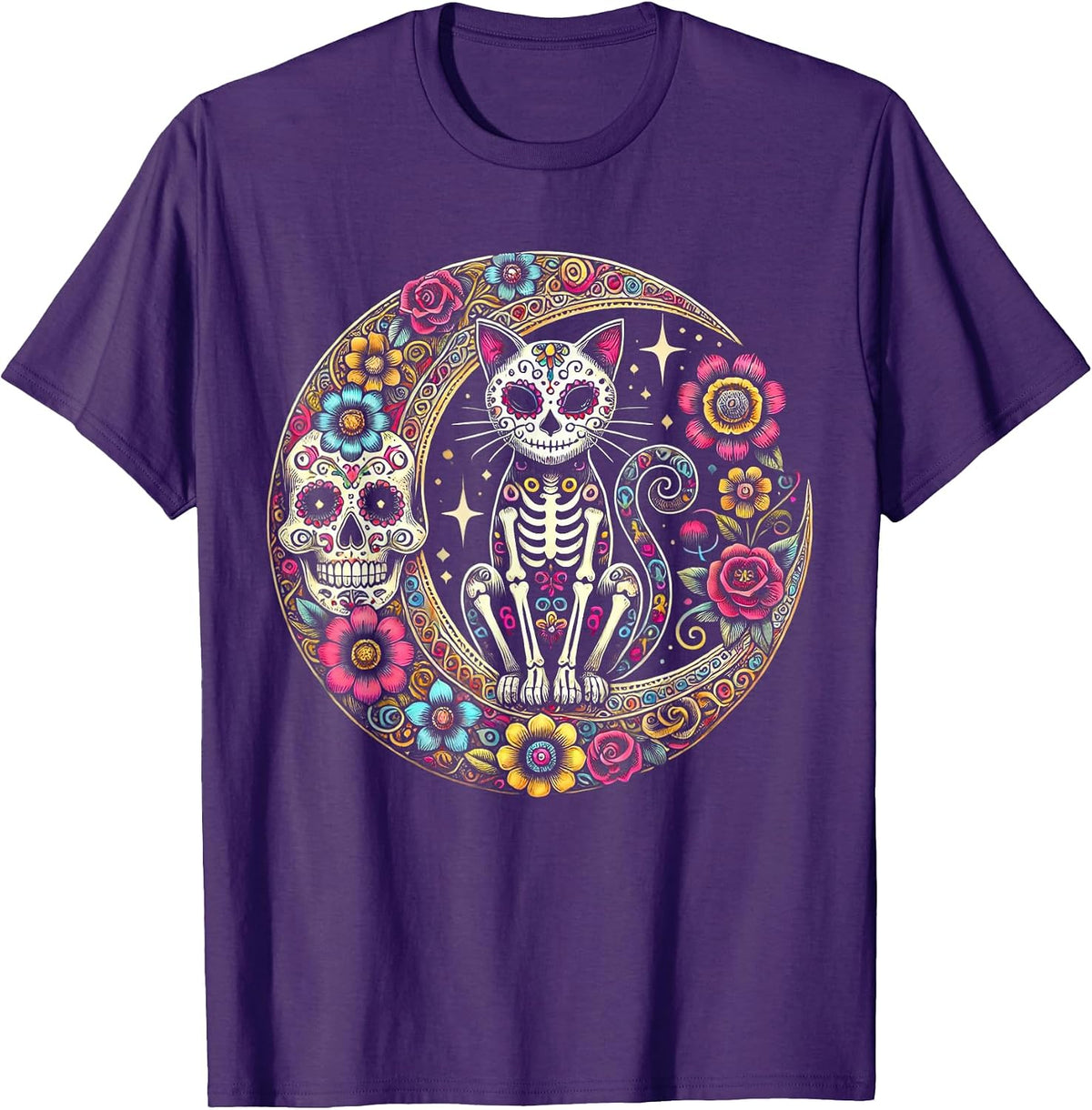 Cat Moon Dia De Los Muertos Day of The Dead Sugar Skull T-Shirt