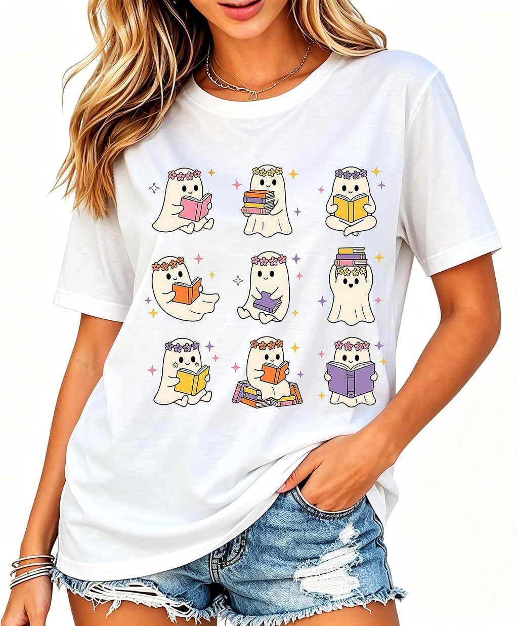 Halloween Teacher Shirts for Women Ghost Reading Books T-Shirt Funny Spooky Bookish Tee Halloween Party Tee Tops