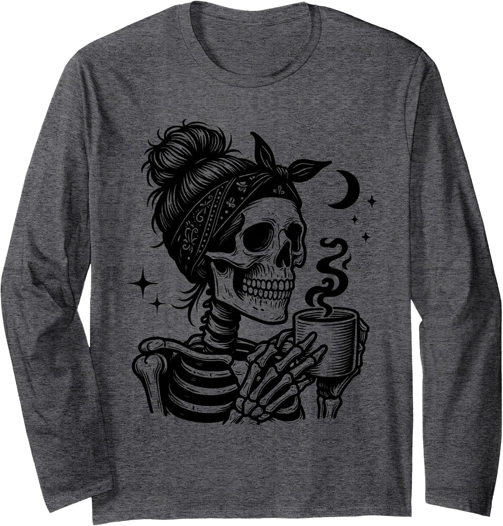 Halloween Skeleton Skull Drinking Coffee Halloween Skull Long Sleeve T-Shirt