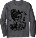 Halloween Skeleton Skull Drinking Coffee Halloween Skull Long Sleeve T-Shirt