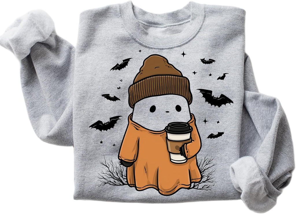Cute Ghost Halloween Sweatshirt – Cozy Fall Coffee Lover Pullover, Spooky Season Ghost Crewneck