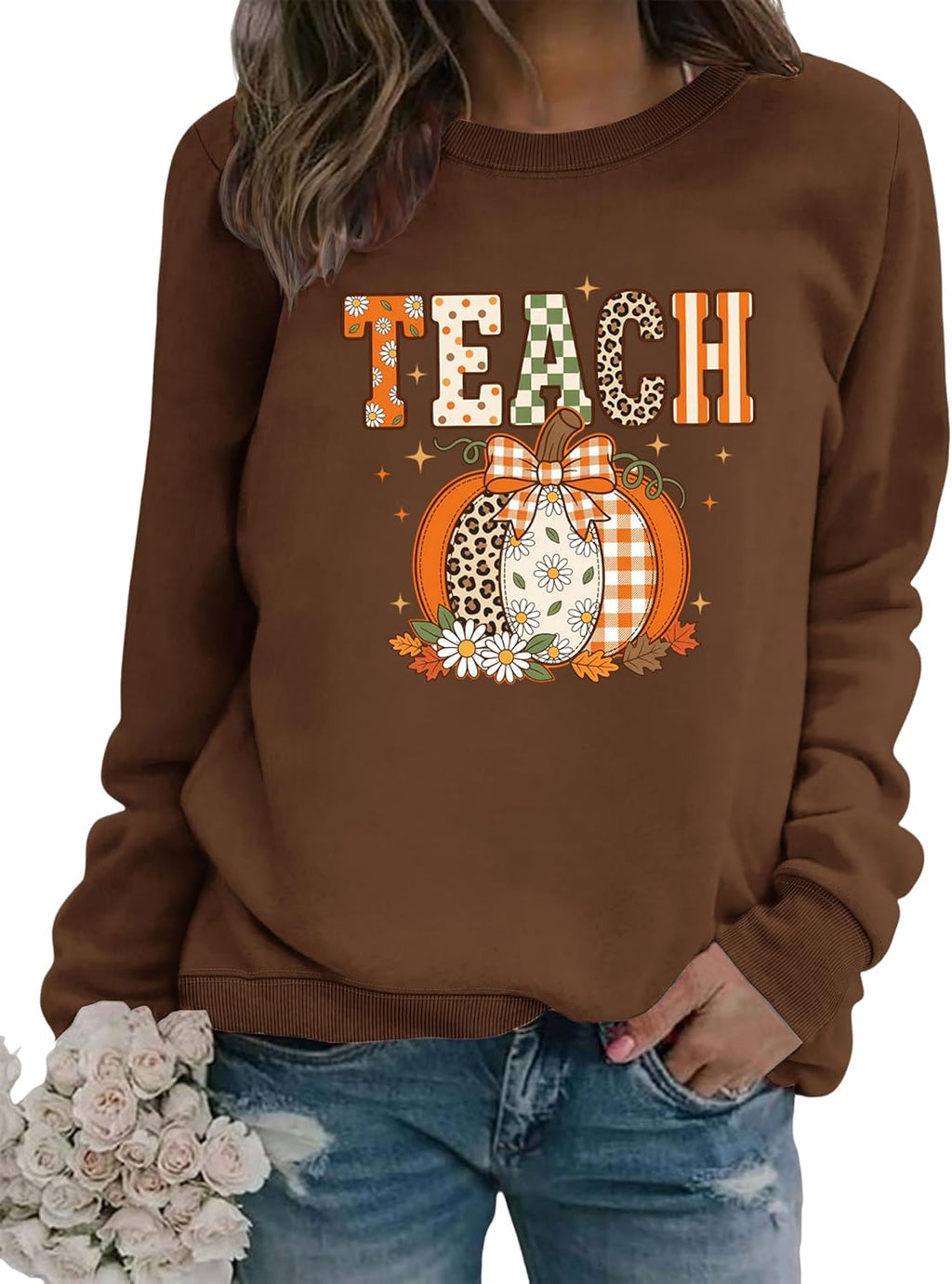 Teacher Sweatshirts for Women Cute Pumpkin Graphic Crewnwck Fall Sweatshirt
