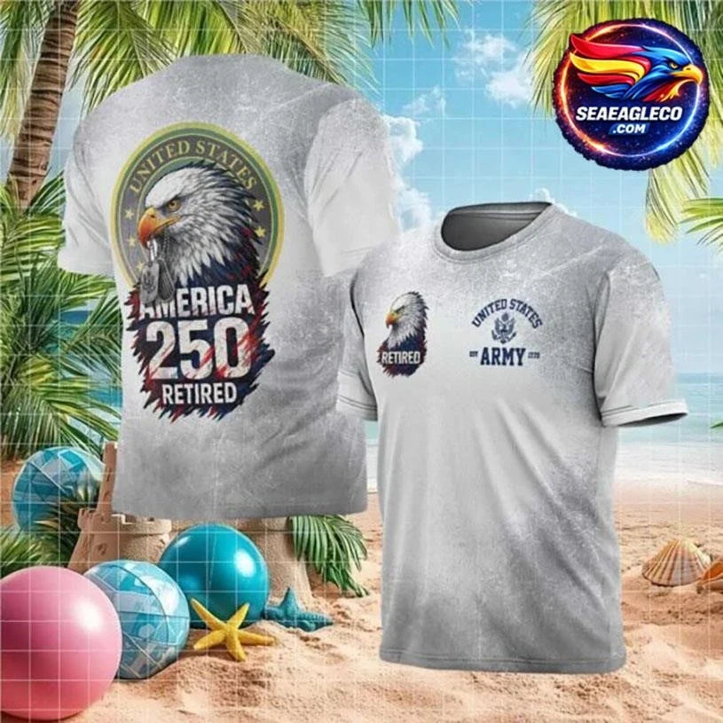 America 250 Retired Army Veteran Bald Eagle Dog Tag Distressed Graphic Two Sided Shirt Unisex