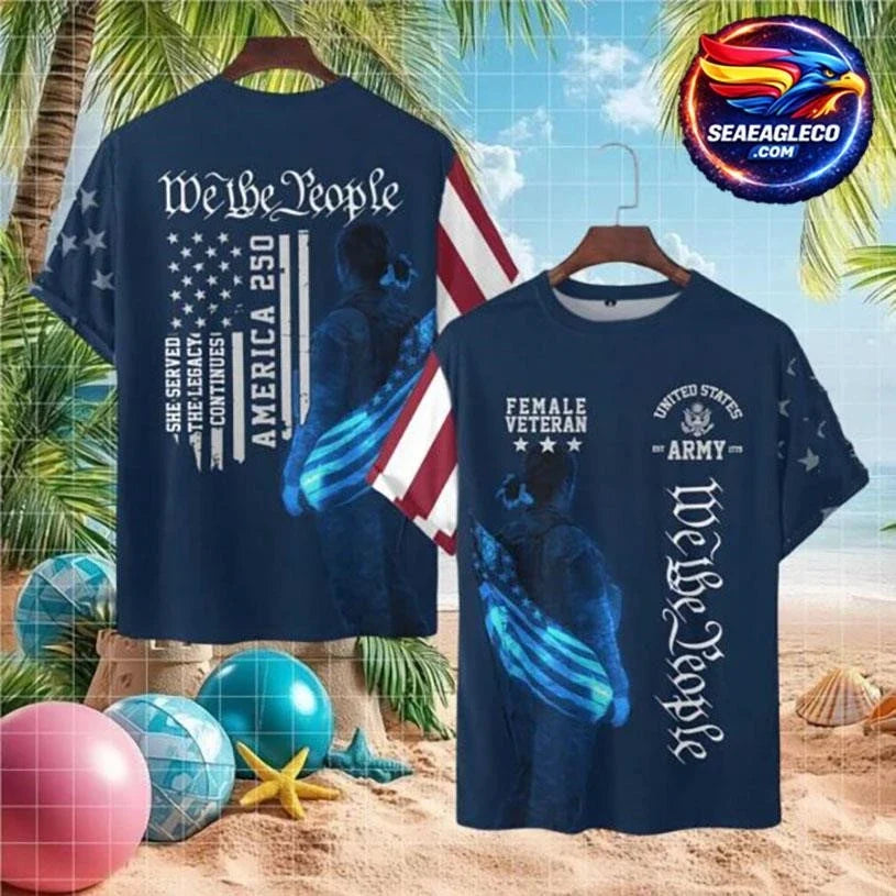 Female Veteran US Army 250 Year Legacy Patriotic Navy Blue Two Sided Shirt Unisex
