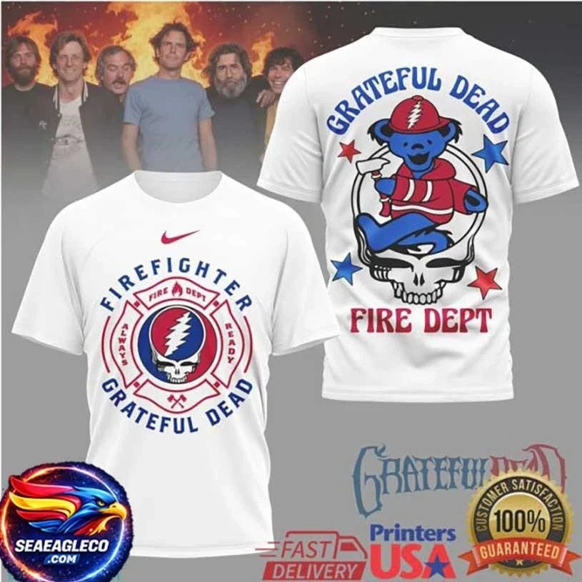 Grateful Dead Firefighter Dancing Bear Fire Dept White Two Sided Shirt Unisex