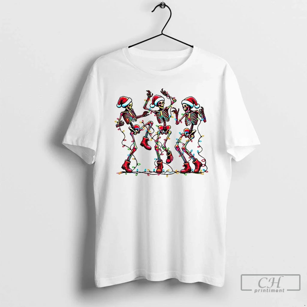 Premium Dancing Skeleton Santa Hat Merry Christmas 2025 T Shirts