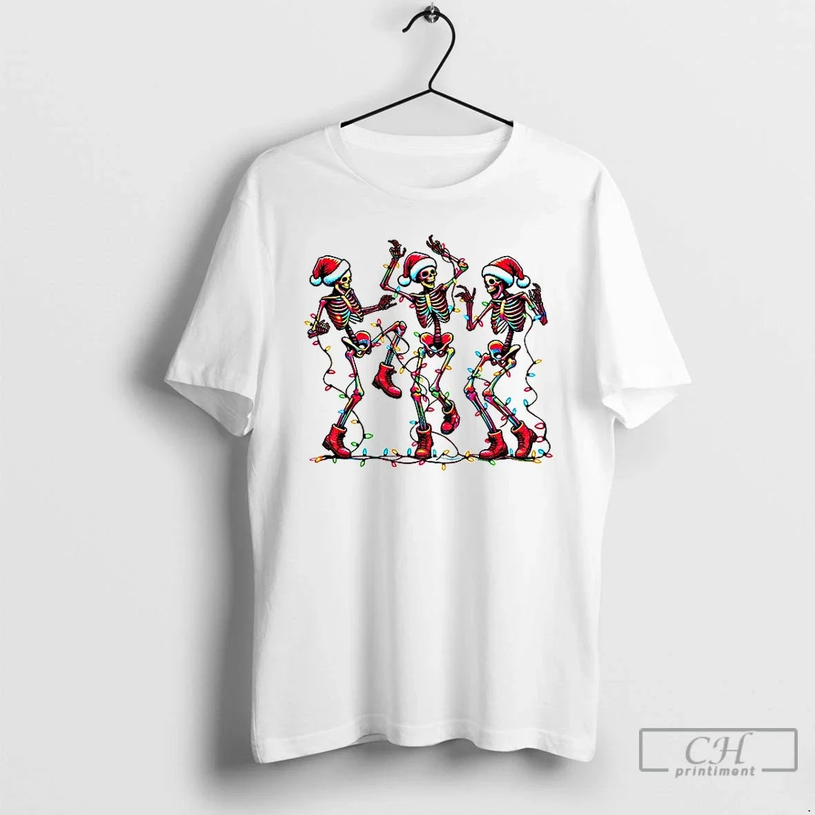 Premium Dancing Skeleton Santa Hat Merry Christmas 2025 T Shirts