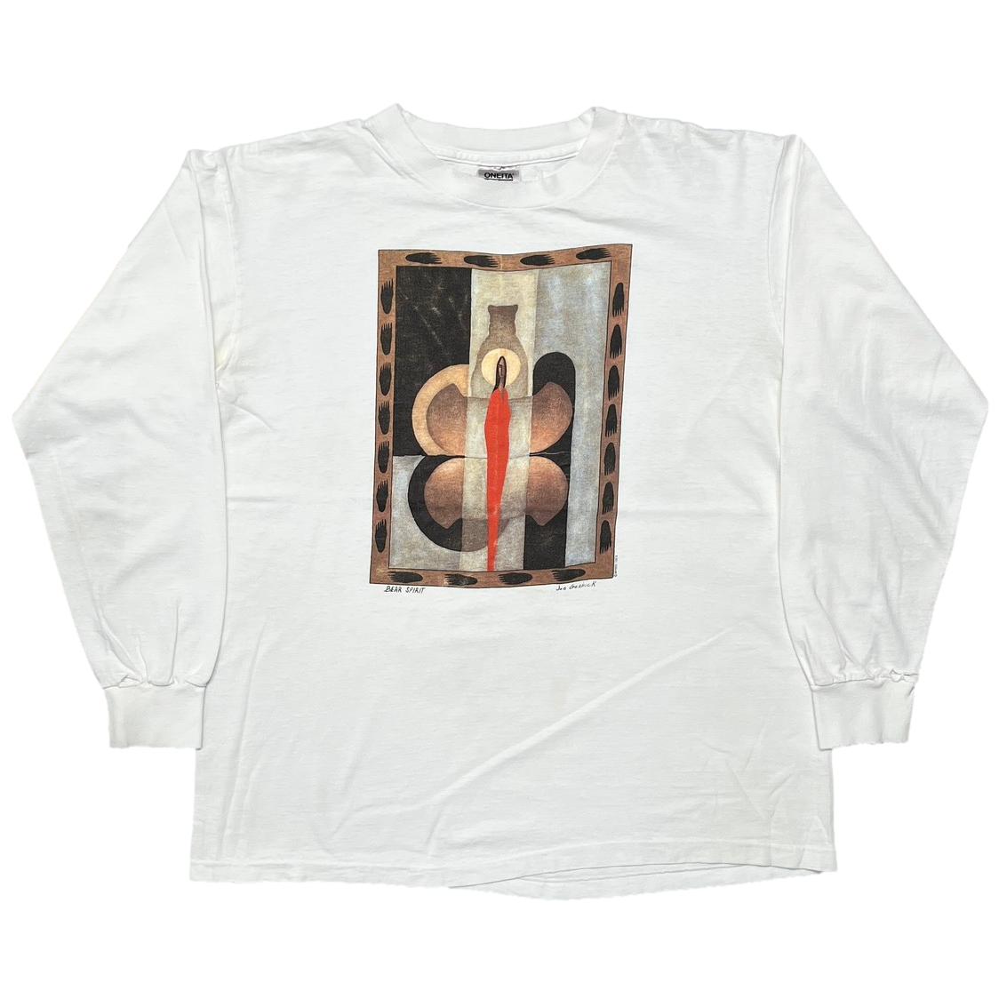 JOE GESHICK BEAR SPIRIT ART LS WHITE ONEITA XL 0336