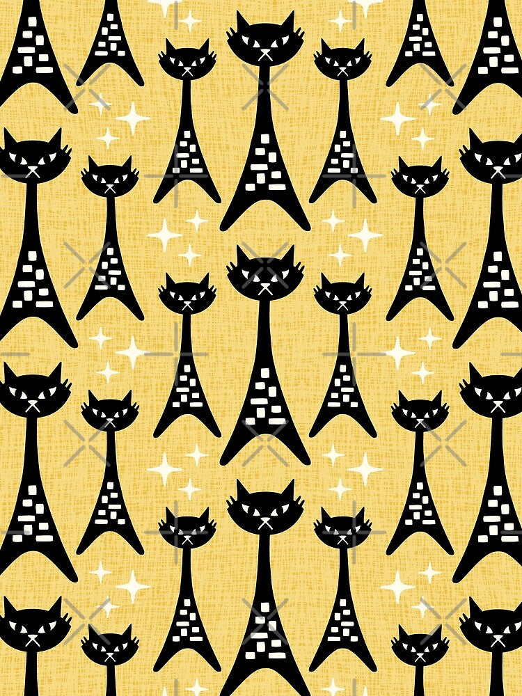 Fun Mid Century Modern Cat Pattern 365 Black and Yellow by tonymagnerart