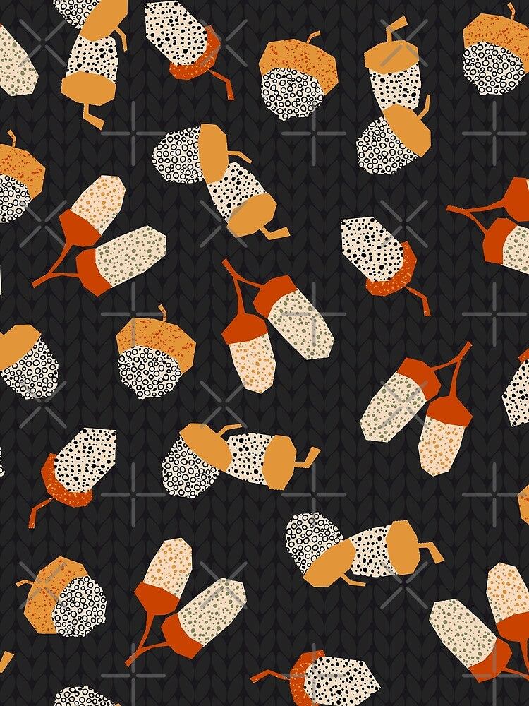 Abstract Acorn Twigs on Black Background Pattern by Farissa Designs