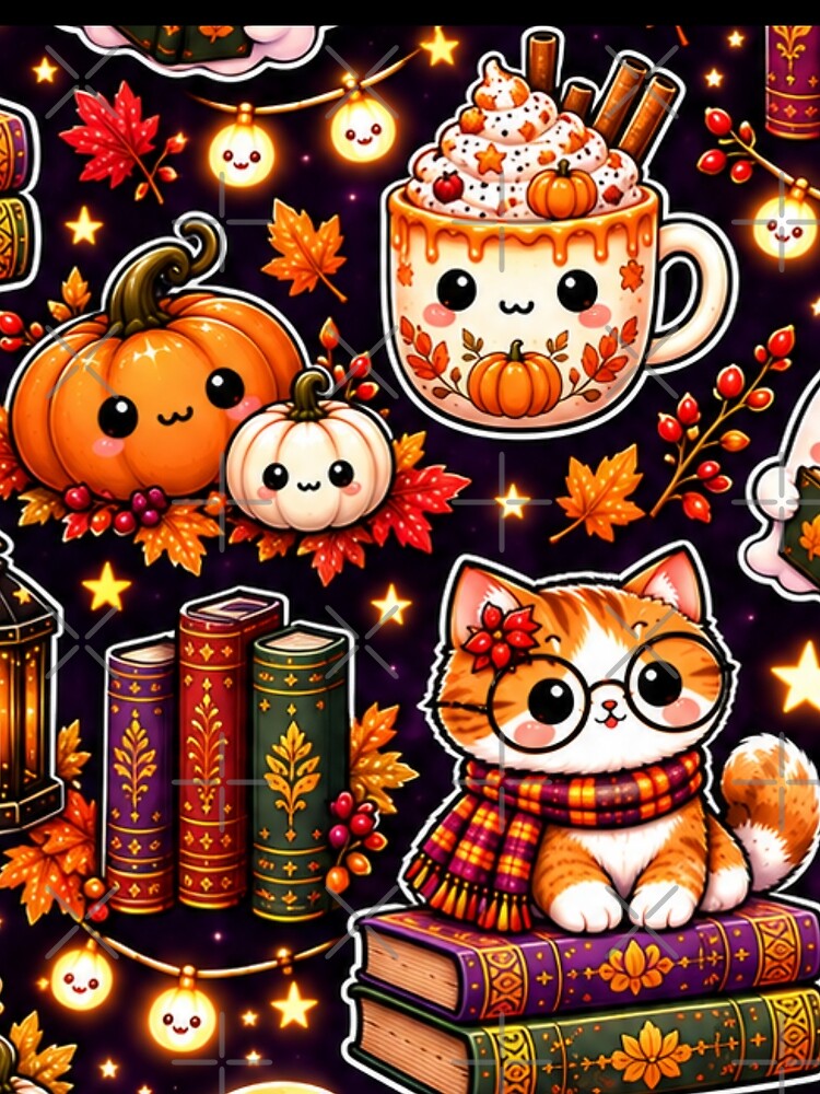 Kawaii Halloween Reading Pattern – Cute Cat, Ghosts, Pumpkins, Books, Lanterns & Cozy Autumn Drinks by ALH Apparel