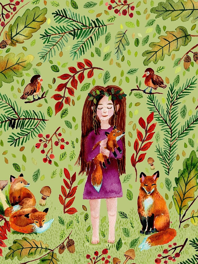 Autumn Girl with Foxes Turqoise Light Green by SandraArtStudio