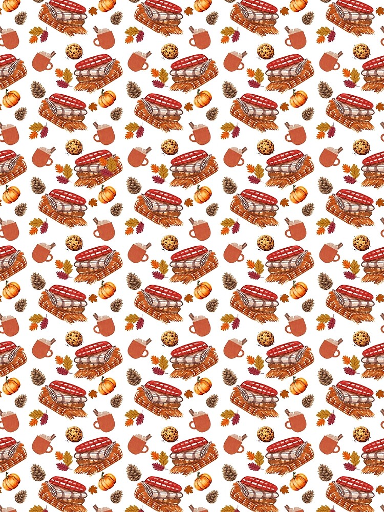 Cozy Autumn Seamless Pattern with Blankets, Hot Drinks, Cookies, Pumpkins and Fall Leaves by BigDigital