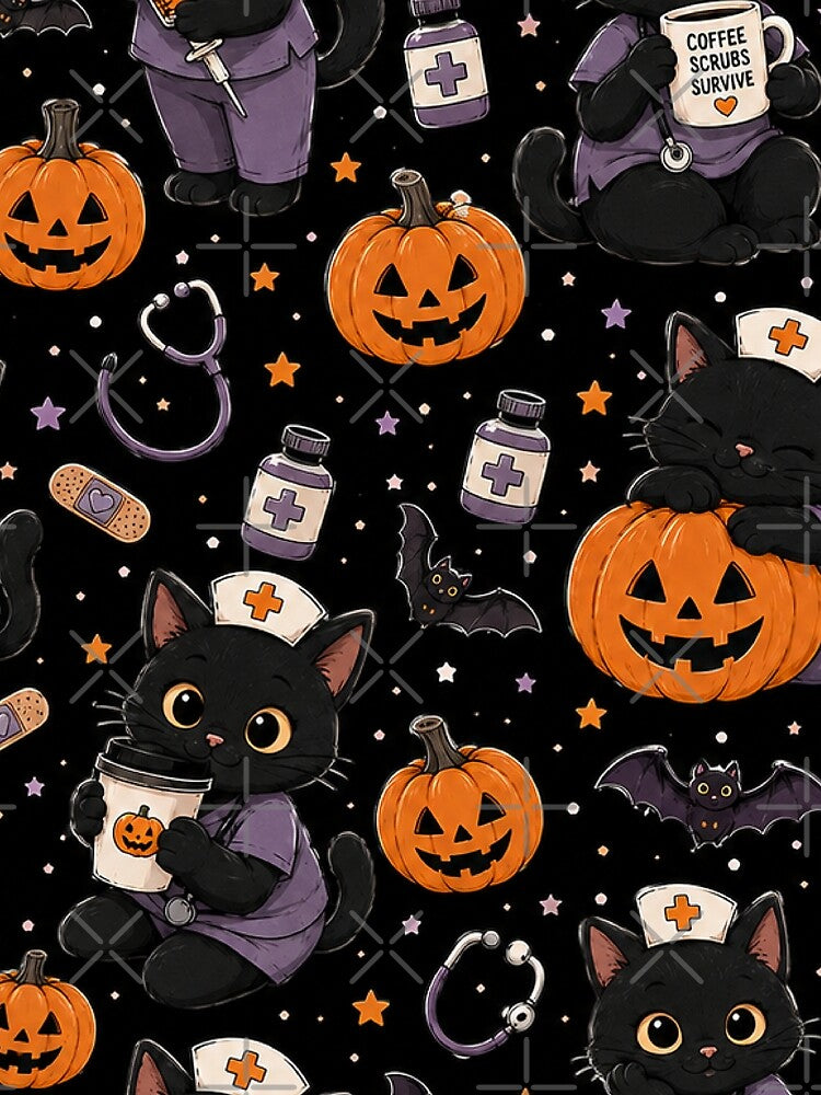 NURSE HALLOWEEN pattern - pumpkins and cats by YNELENT