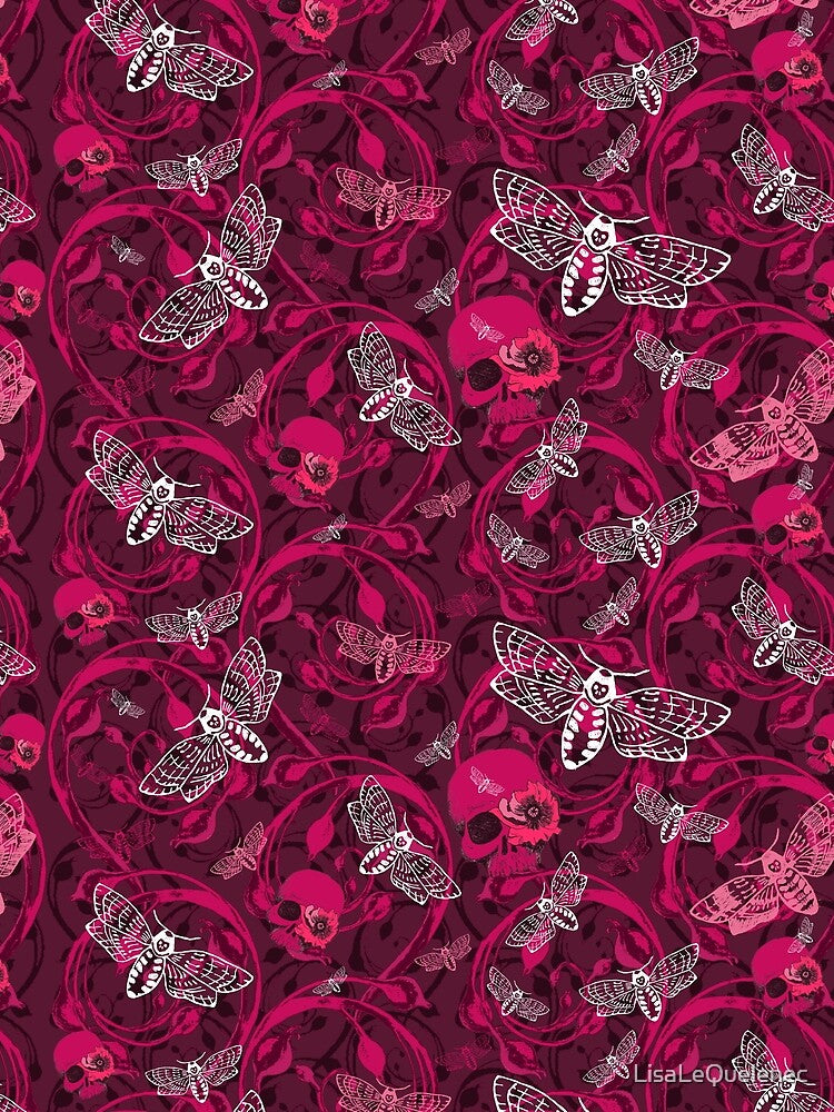 Glamorously Gothic Darkest deep red Double Scroll With Moths And Skulls by LisaLeQuelenec