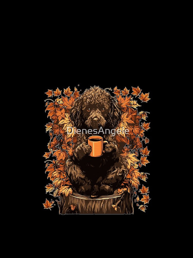 Cute Brown Poodle with Coffee and Fall Leaves Autumn by DienesAngele