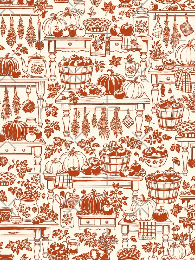 Harvest Kitchen Toile Seamless Pattern | Autumn Aesthetic Repeat Design by StickyGuys