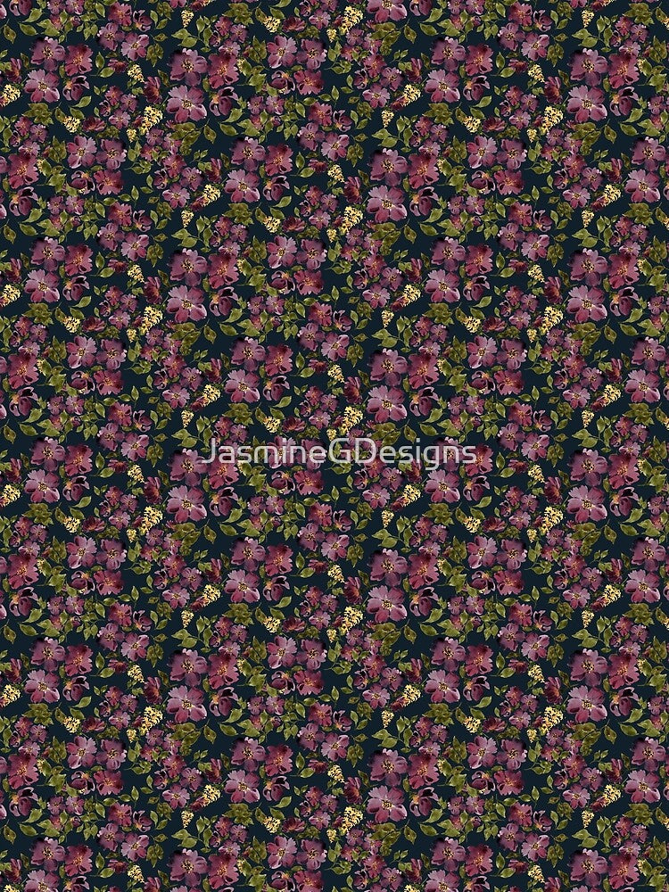 Fall Burgundy Purple and Yellow Tossed Floral Indigo Blue by JasmineGDesigns